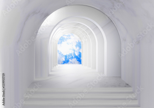 long white modern corridor with a beautiful sky destination. Abstract background, church, arch, gothic modern architecture. 3D rendering illustration