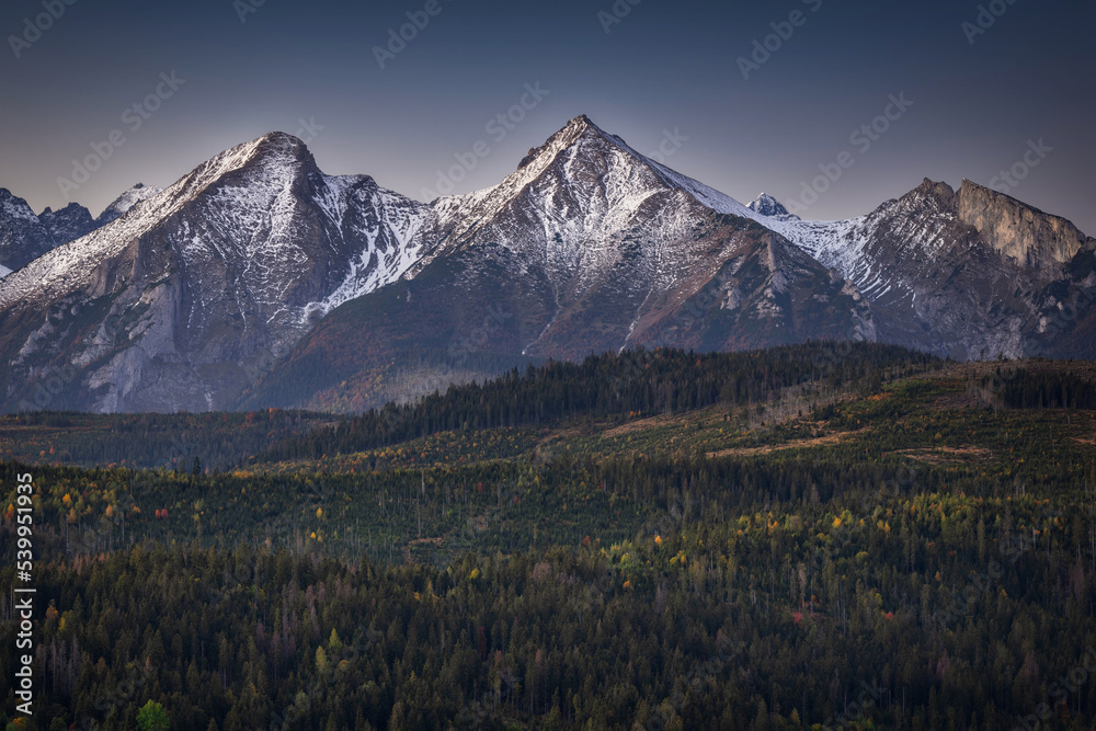 Snow capped peaks of the Belianske Tatras before sunrise. Slovakia