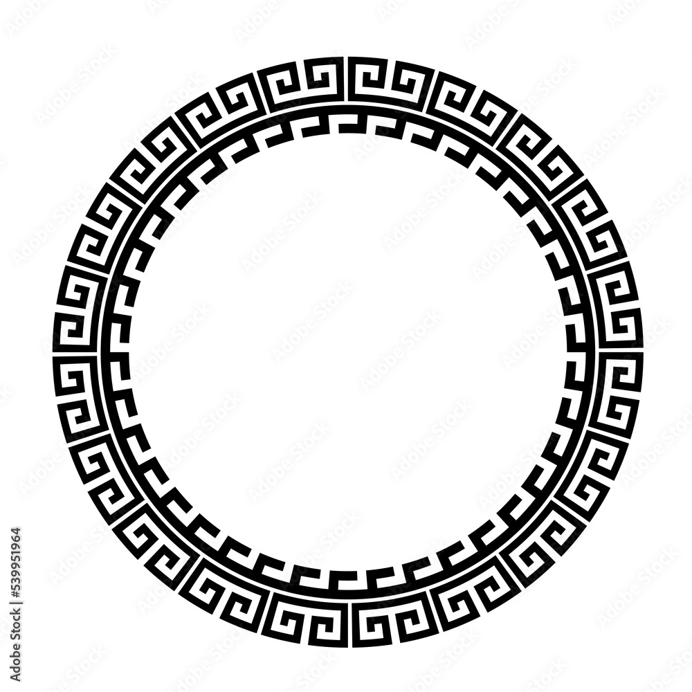 Greek round frame. Ancient Greek key black frame pattern, round antique border from Greece Greek round frame. Ancient Greek key black frame pattern, round antique border from Greece