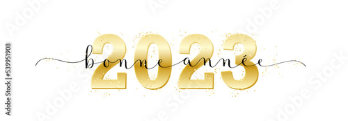 Bannière calligraphique dorée BONNE ANNEE 2023 avec confetti