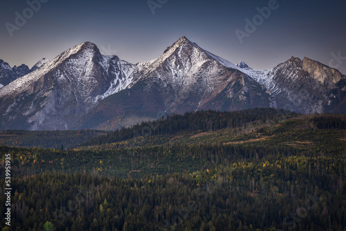 Snow capped peaks of the Belianske Tatras before sunrise. Slovakia