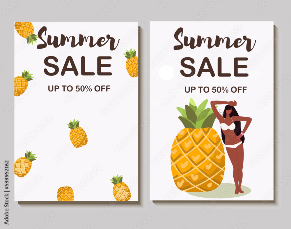 Colorful vector summer sale layout poster, banner, background, vacation mood, cards, invitation, summer vibes, tag, relaxation, vacation, flyer, sale, huge pineapple, tiny tanned girl.