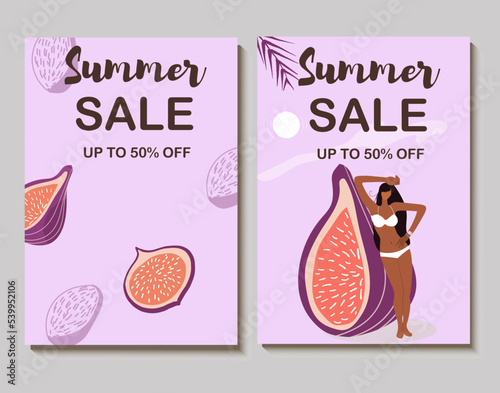 Colorful vector summer sale layout poster, banner, background, vacation mood, cards, invitation, summer vibes, tag, sale, huge fig, tiny tanned girl.