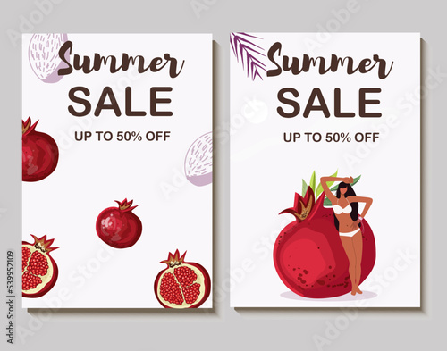 Colorful vector summer sale layout poster, banner, background, vacation mood, cards, invitation, summer vibes, tag, sale, huge pomegranate, garnet, fruit, tiny tanned girl.