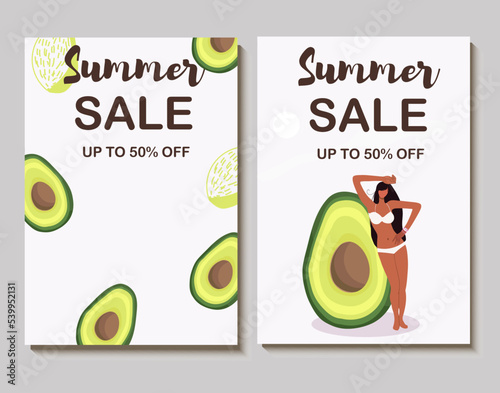 Colorful vector summer sale layout poster, banner, background, vacation mood, cards, invitation, summer vibes, tag, sale, huge avocado, fruit, tiny tanned girl.