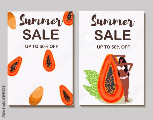Colorful vector summer sale layout poster, banner, background, vacation mood, cards, invitation, summer vibes, tag, relaxation, vacation, flyer, sale, huge papaya, tiny tanned girl.