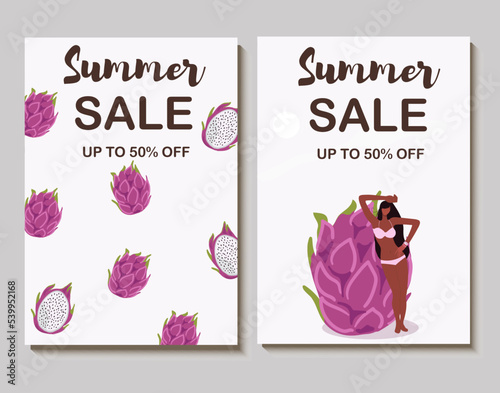 Colorful vector summer sale layout poster, banner, background, vacation mood, cards, invitation, summer vibes, tag, sale, huge pitaya, dragon fruit, pitahaya, tiny tanned girl.