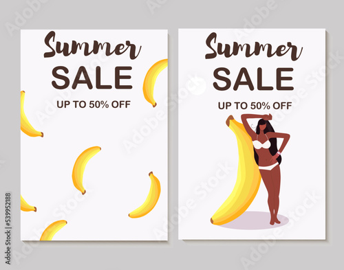 Colorful vector summer sale layout poster, banner, background, vacation mood, cards, invitation, summer vibes, tag, relaxation, vacation, flyer, sale, huge banana, tiny tanned girl.