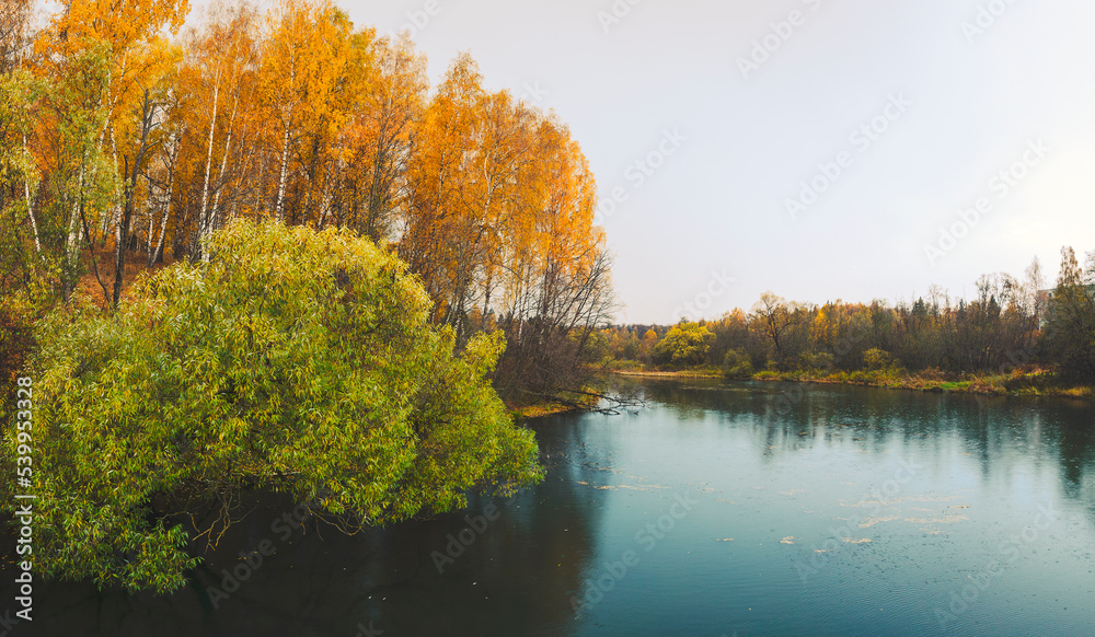 Autumn landscape with birch trees and forest river