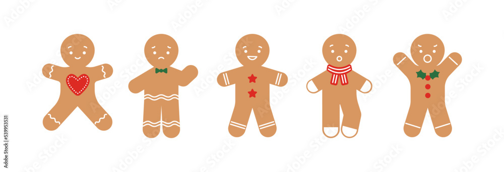 Christmas holiday vector illustration set. Collection of sweet gingerbread man character isolated on white background. Happy and sad emotions. Design for xmas