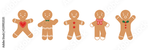 Christmas holiday vector illustration set. Collection of sweet gingerbread man character isolated on white background. Happy and sad emotions. Design for xmas