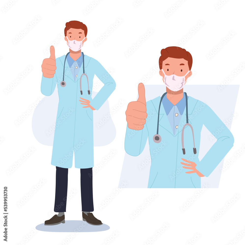Male doctor in medical coat and wearing face mask and raising thumbs up. Flat vector cartoon character illustration. Male doctor in medical coat and wearing face mask and raising thumbs up. Flat vector cartoon character illustration.