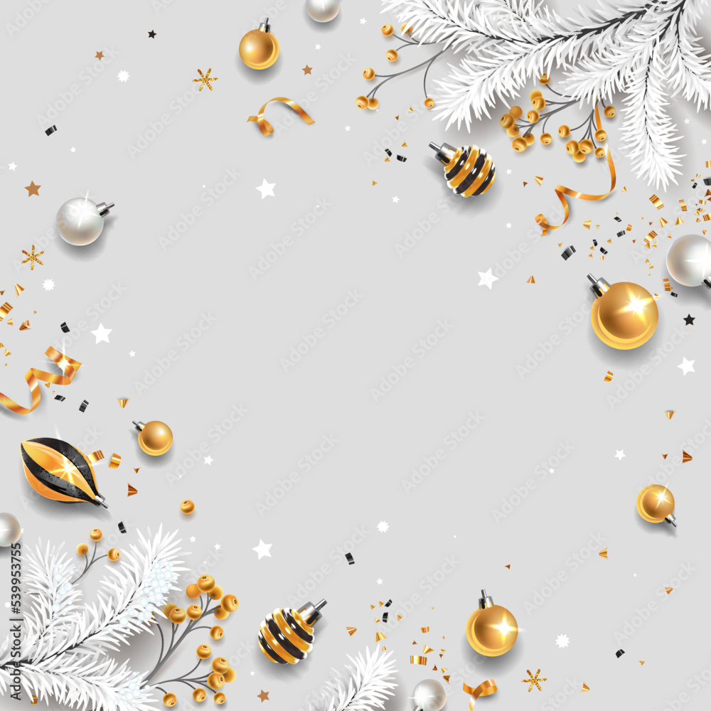 Fototapeta premium Square banner with silver and gold Christmas symbols and text. Christmas tree, balls, golden tinsel confetti and snowflakes on gray background. 