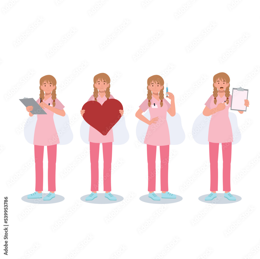 Naklejka premium set of female baby doctor , nurse, medical staff in various action. Flat vector cartoon character illustration.