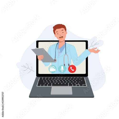 Online doctor consultant concept. male therapist on chat in laptop. Ask doctor. Online medical advise or consultation service, tele medicine, Vector flat illustration.