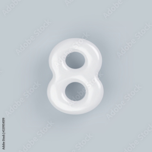 3D White plastic number 8 with a glossy surface on a gray background.