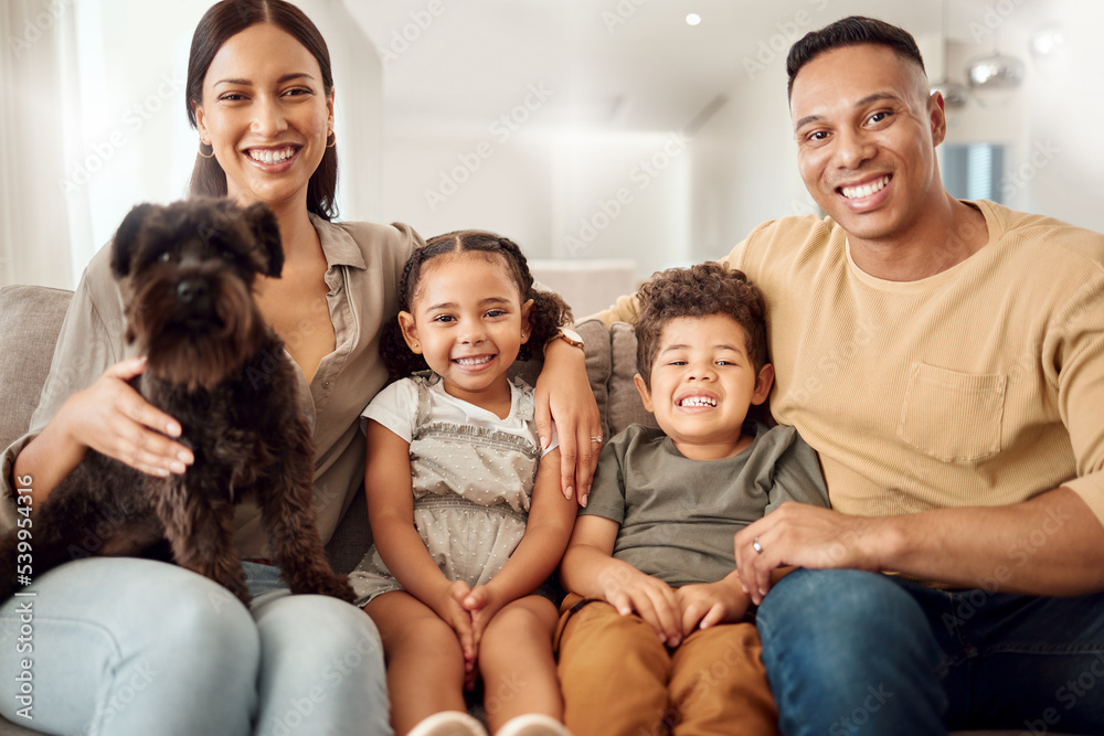 Love, family and dog with kids and parents on sofa in living room for happy, smile and care. Portrait, relax and pet with man, children and woman together at home for happiness, support and wellness Love, family and dog with kids and parents on sofa in living room for happy, smile and care. Portrait, relax and pet with man, children and woman together at home for happiness, support and wellness
