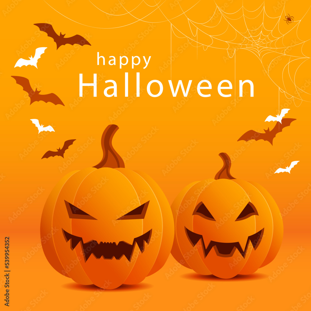 Orange banner with evil smiling Halloween pumpkins. Congratulatory vector illustration with the inscription Orange banner with evil smiling Halloween pumpkins. Congratulatory vector illustration with the inscription
