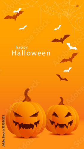 Orange banner with evil smiling Halloween pumpkins. Congratulatory vector illustration with the inscription "Happy Halloween"