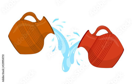 Ceramic, glossy pitcher. Clay jug of water, water is pouring. Dishes for liquid. Ceramics Vector.
