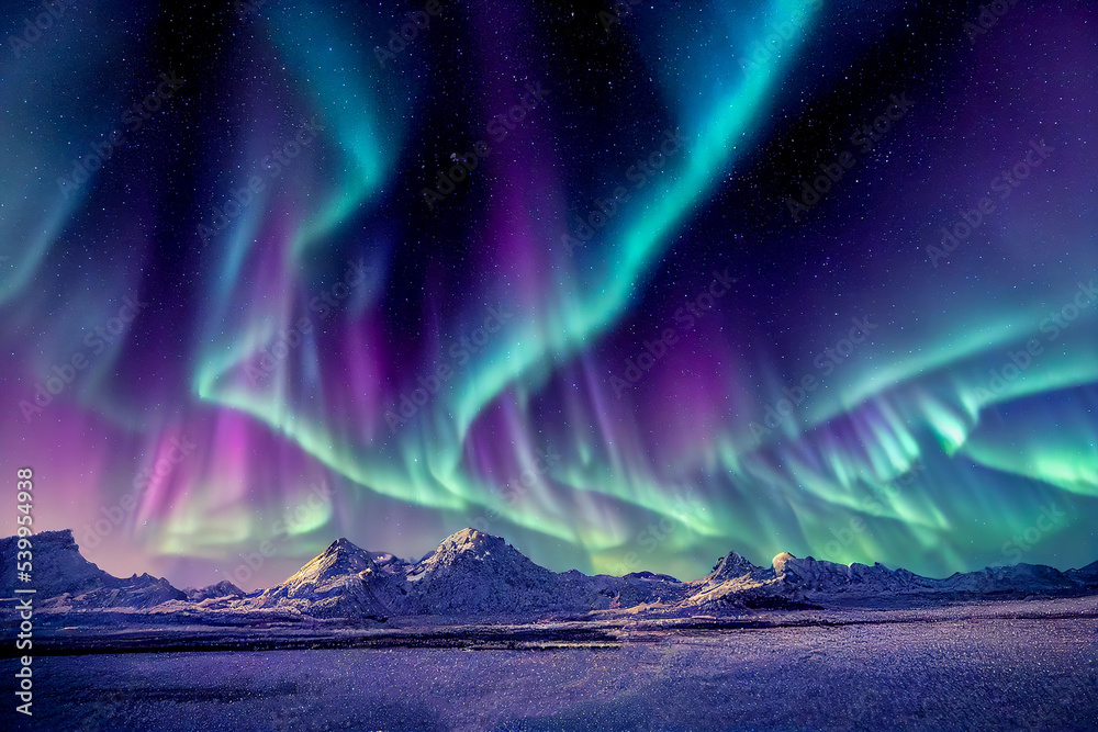 Aurora Borealis On The Norway Green Northern Lights Above Mountains 