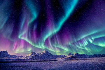 Fototapete Kanada Aurora borealis auf dem Norwegen. Grüne Nordlichter über Bergen. Nachthimmel mit Polarlichtern. Nachtwinterlandschaft mit Aurora und Spiegelung auf der Wasseroberfläche. Natürlicher Rücken  © waichi2013th