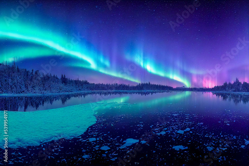 Wallpaper Mural Aurora borealis on the Norway. Green northern lights above mountains. Night sky with polar lights. Night winter landscape with aurora and reflection on the water surface. Natural back Torontodigital.ca