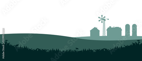 Rural farm. With fields, pastures and buildings. Picture silhouette. Breeding domestic farm animals and plants. Isolated on white background. Vector