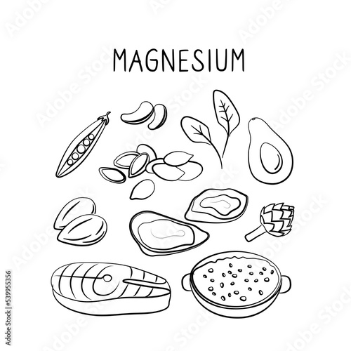 Magnesium-containing food. Groups of healthy products containing vitamins and minerals. Set of fruits, vegetables, meats, fish and dairy