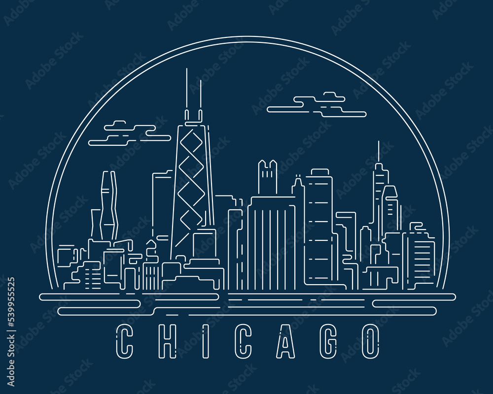 Fototapeta premium Cityscape with white abstract line corner curve modern style on dark blue background, building skyline city vector illustration design - Chicago