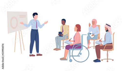 International conference members semi flat color vector characters. Editable figures. Full body people on white. Business simple cartoon style illustration for web graphic design and animation
