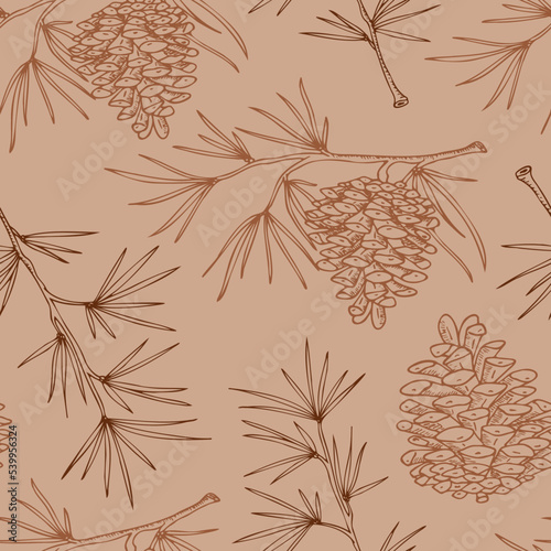 seamless color pattern with pine cones and branches, contour drawing by hand