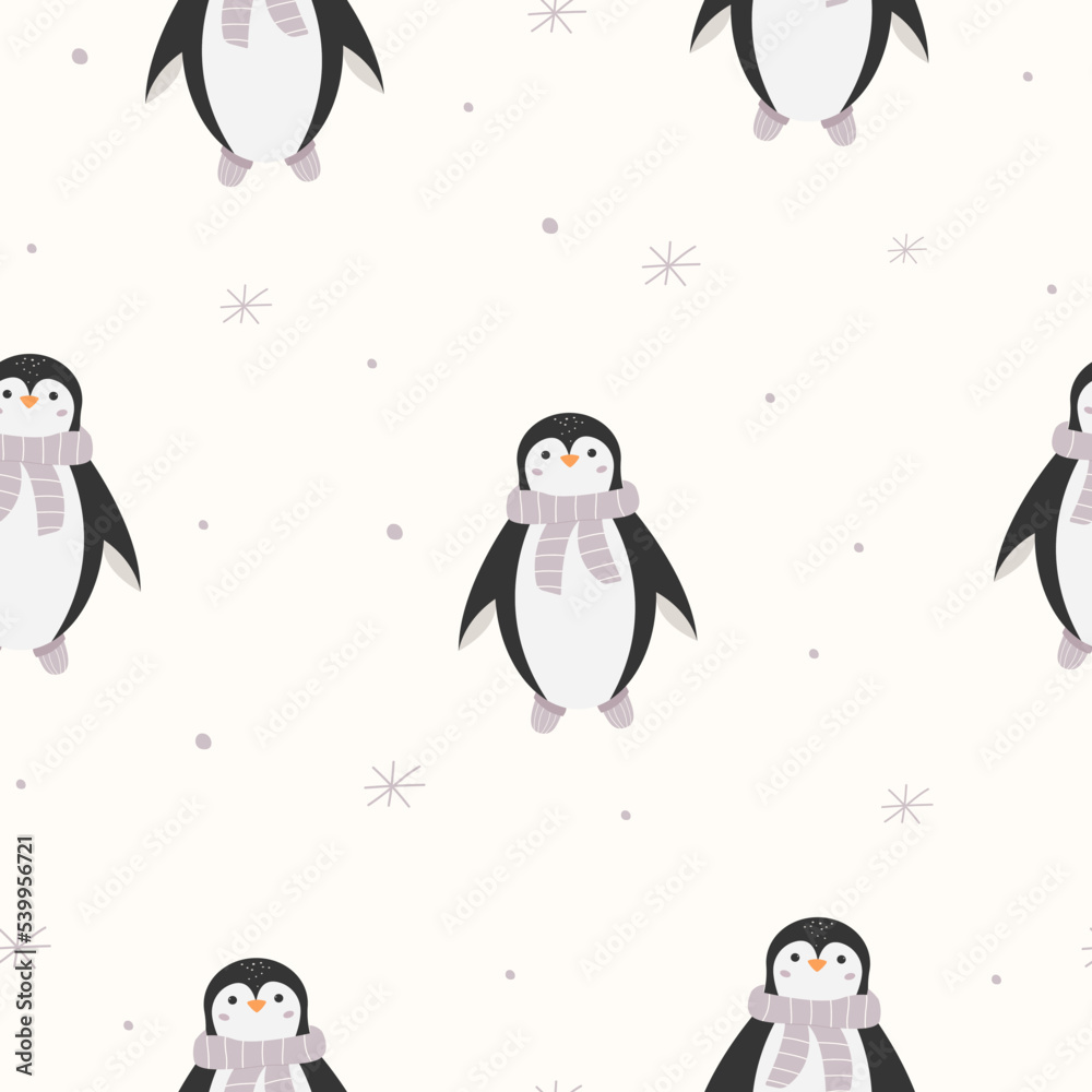Fototapeta premium Christmas seamless pattern with cute penguin in scarf and slippers. A traditional December print with a funny animal. Arctic penguin and snowflakes. Baby holiday background.