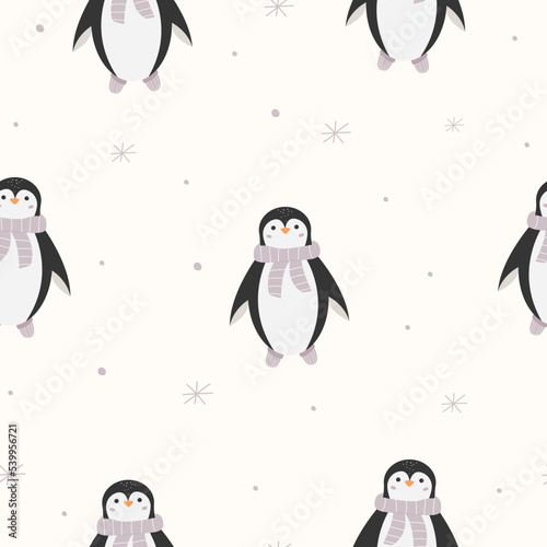 Christmas seamless pattern with cute penguin in scarf and slippers. A traditional December print with a funny animal. Arctic penguin and snowflakes. Baby holiday background.