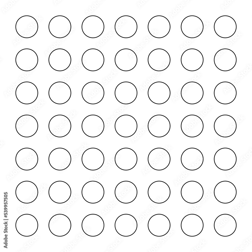 Black circles, polka dot pattern. 49  outlined shapes, 7x7 grid. Isolated png illustration, transparent background. Asset for overlay, montage, collage, presentation, mark making.
