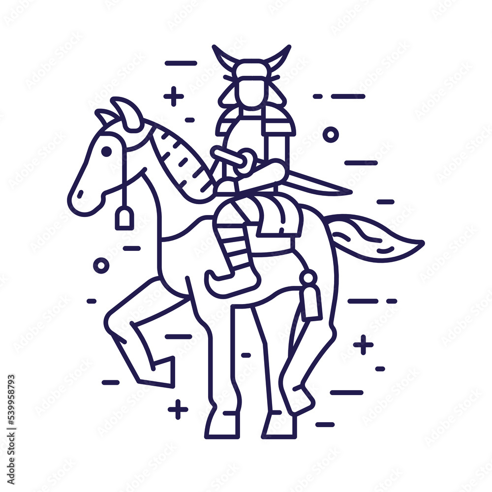 Fototapeta premium Japan Horse Samurai Warrior in Line Art