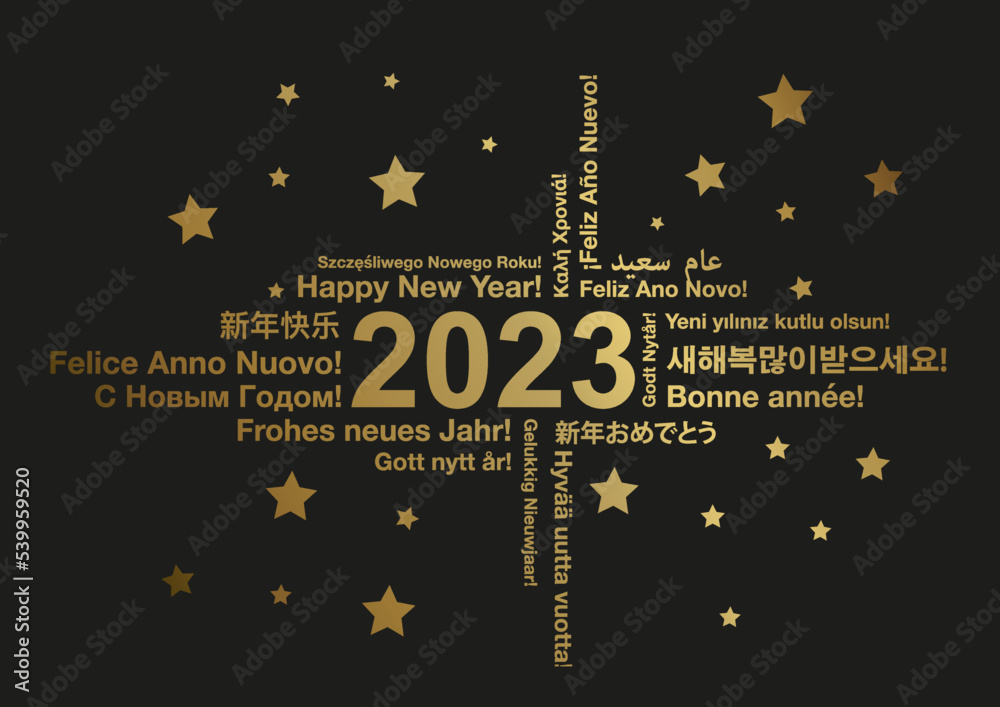 Happy New Year 2023 in different languages word cloud greeting card concept, vector illustration - obrazy, fototapety, plakaty 