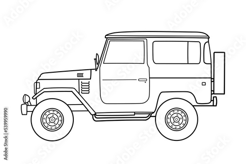 Off-road travel suv car side view. Vector outline doodle illustration