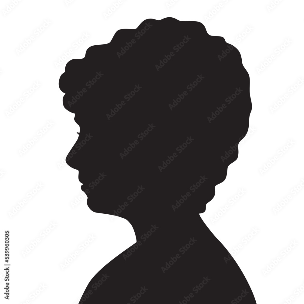 Black silhouette of a young man. Teenage boy with curly hair, side view. Contour, outline profile of a male head. Drawing isolated on a white background. Questionnaire graphic icon, logo, clipart