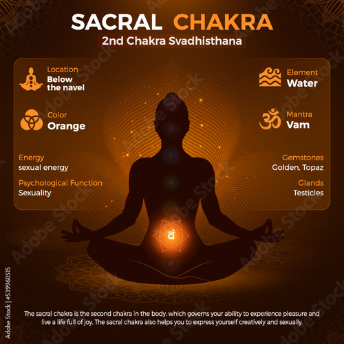 Sacral Chakra, Svadhisthana Symbol Location and Position in human body-vector illustration