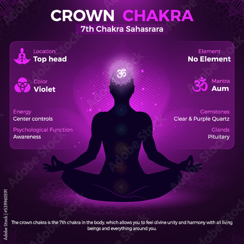 Crown Chakra, Sahasrara Symbol Location and Position in human body-vector illustration