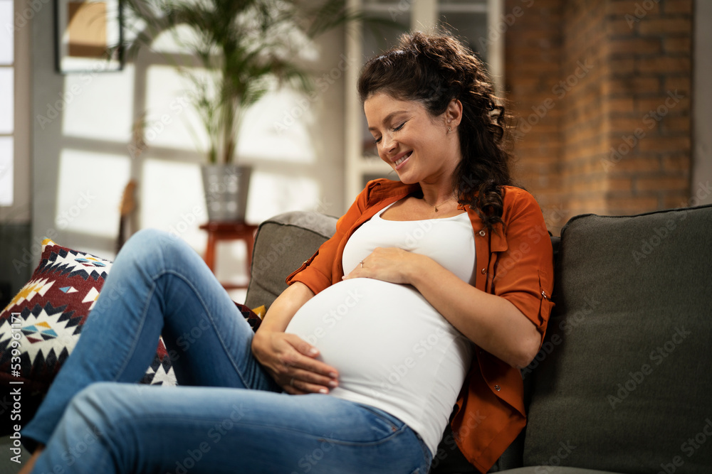Obraz premium Pregnant woman sitting on a sofa and caressing her belly.