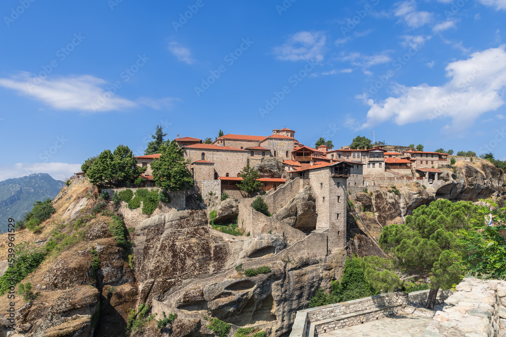 Panoramic view over largest religious complex in Meteora - Great Meteoron or Holy Monastery of Transfiguration of Christ. Meteora, Greece.