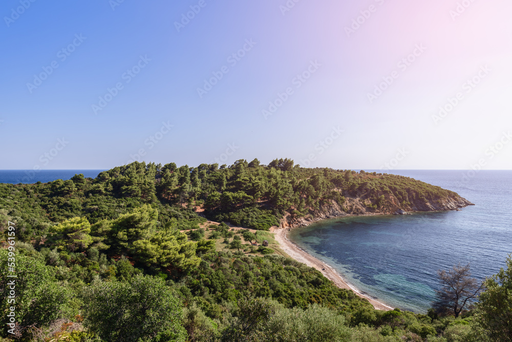 Panoramic view of tiny cape, which is part of Sithonia peninsula, overgrown with dense greenery including trees, with narrow sandy beach strip, Chalkidiki, Northern Greece