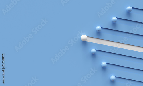 concept of leadership and differentiation, steps to excellence, and teamwork. white ball front blue ball one way on blue background. with copy space and business design. 3D rendering illustration