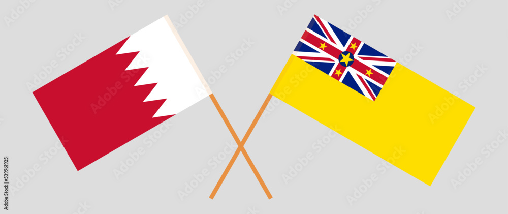 Crossed flags of Bahrain and Niue. Official colors. Correct proportion