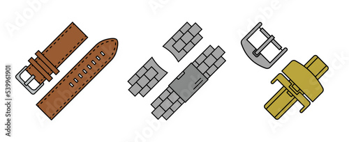Leather strap, metal bracelet, buckle and clip in vector illustration