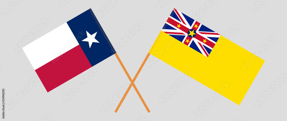Crossed flags of The State of Texas and Niue. Official colors. Correct proportion