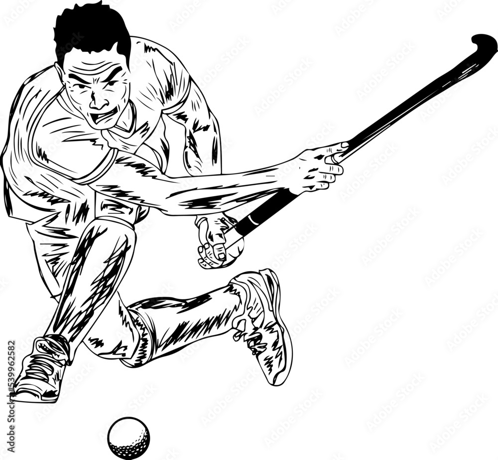 Hockey player sketch drawing, cartoon doodle drawing of field hockey