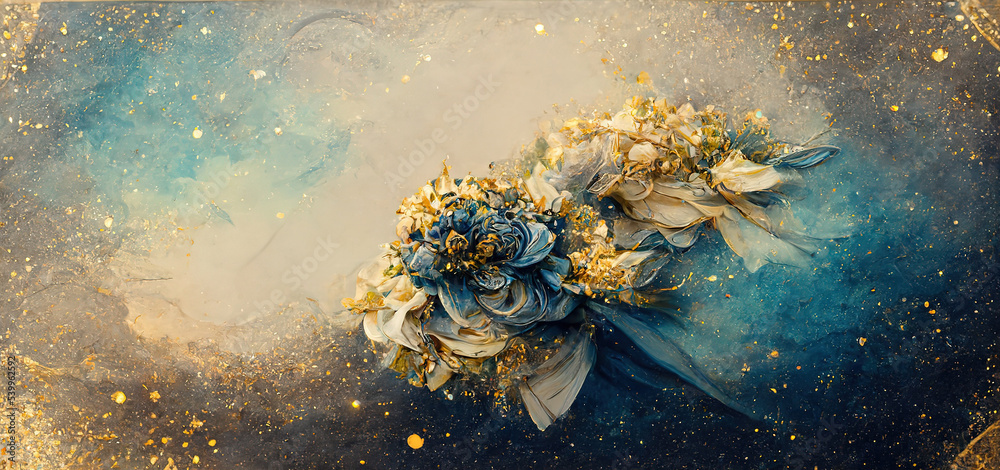 Elegant golden and blue flowers and branches on light background ...